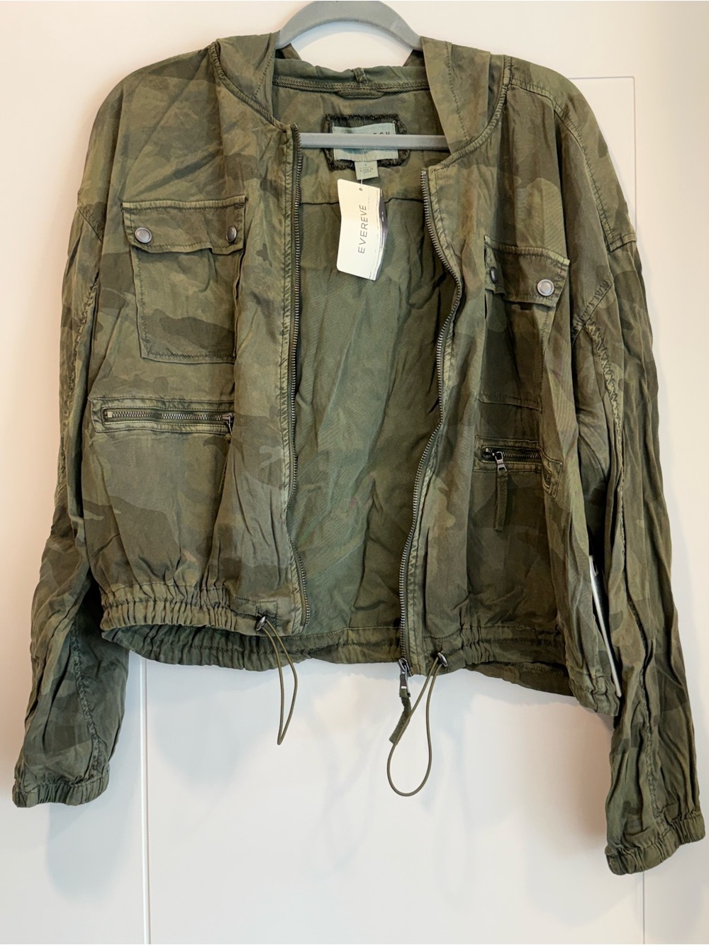 NWT Evereve Marrakech Olive Camo Utility Jacket with Drawstring Hem